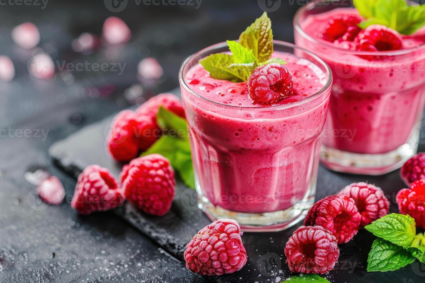 Two glasses of raspberry smoothie with fresh raspberries photo
