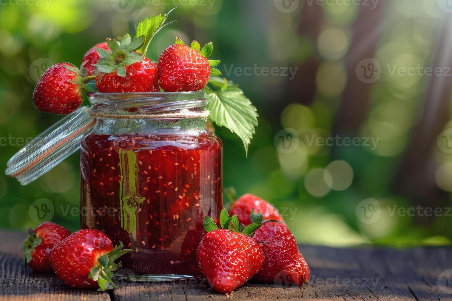 A jar of strawberry jam with fresh strawberries on a wooden table photo