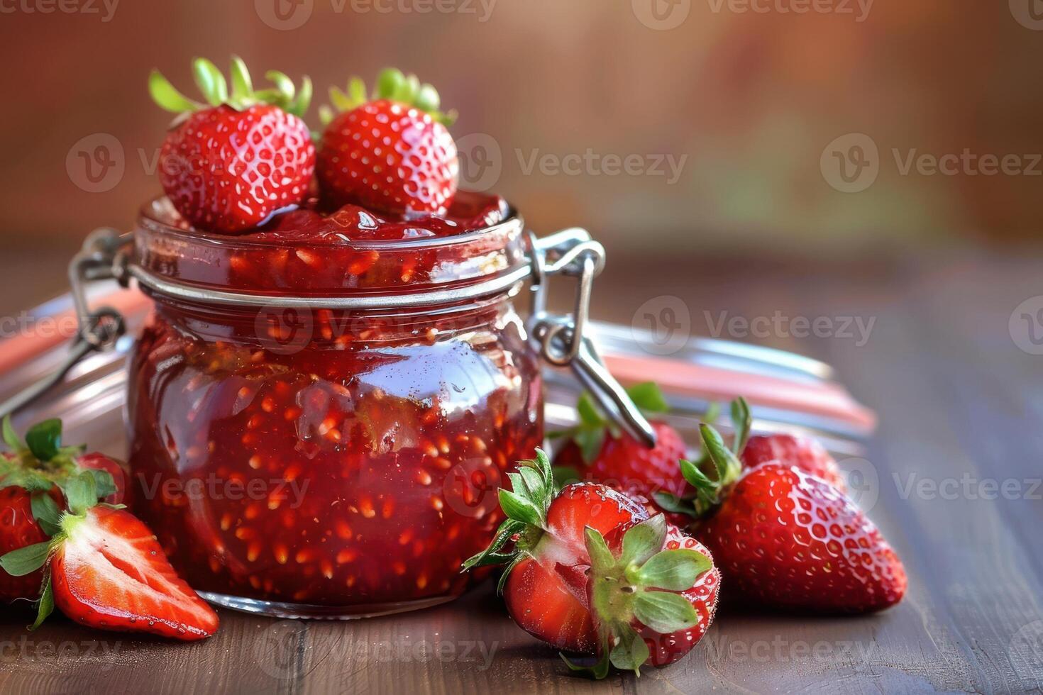 Strawberry jam in a jar on a wooden table photo