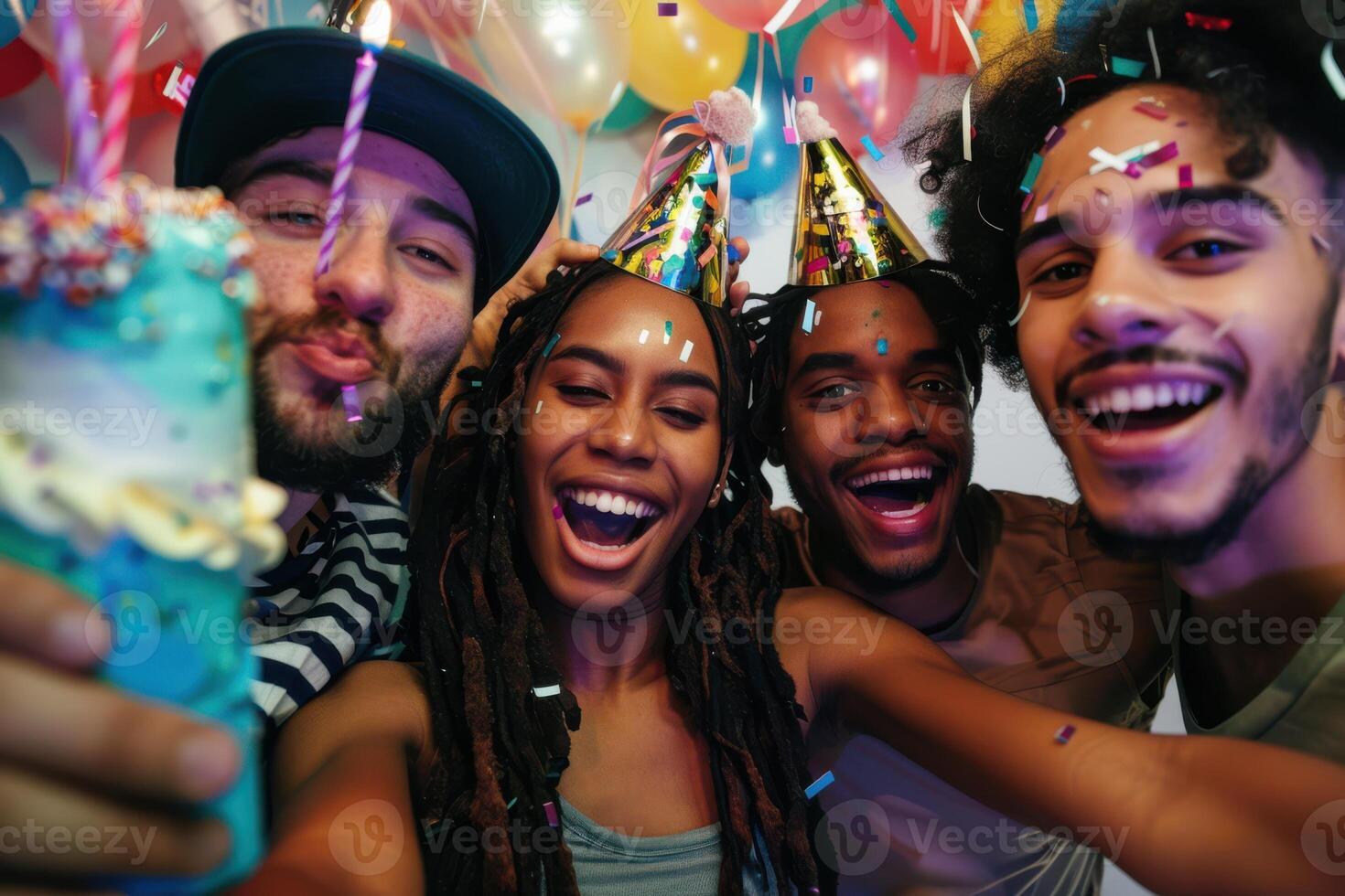 A group of friends taking a selfie with a party hat photo