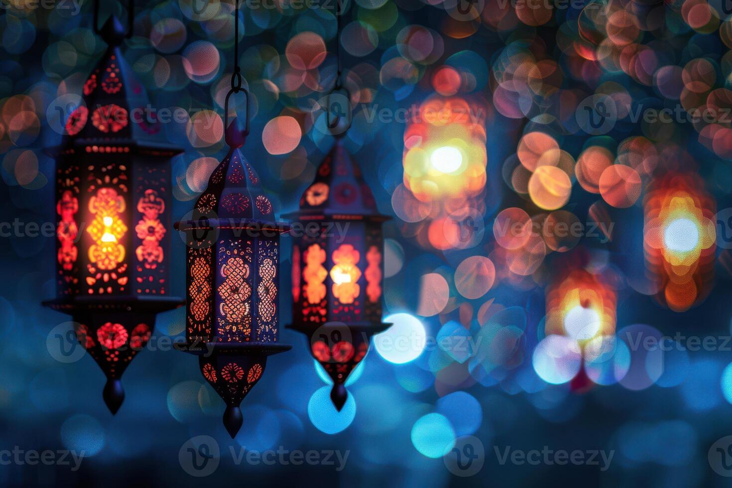 A Collection of Beautiful Ramadan Lanterns Hanging Brightly in the Night photo