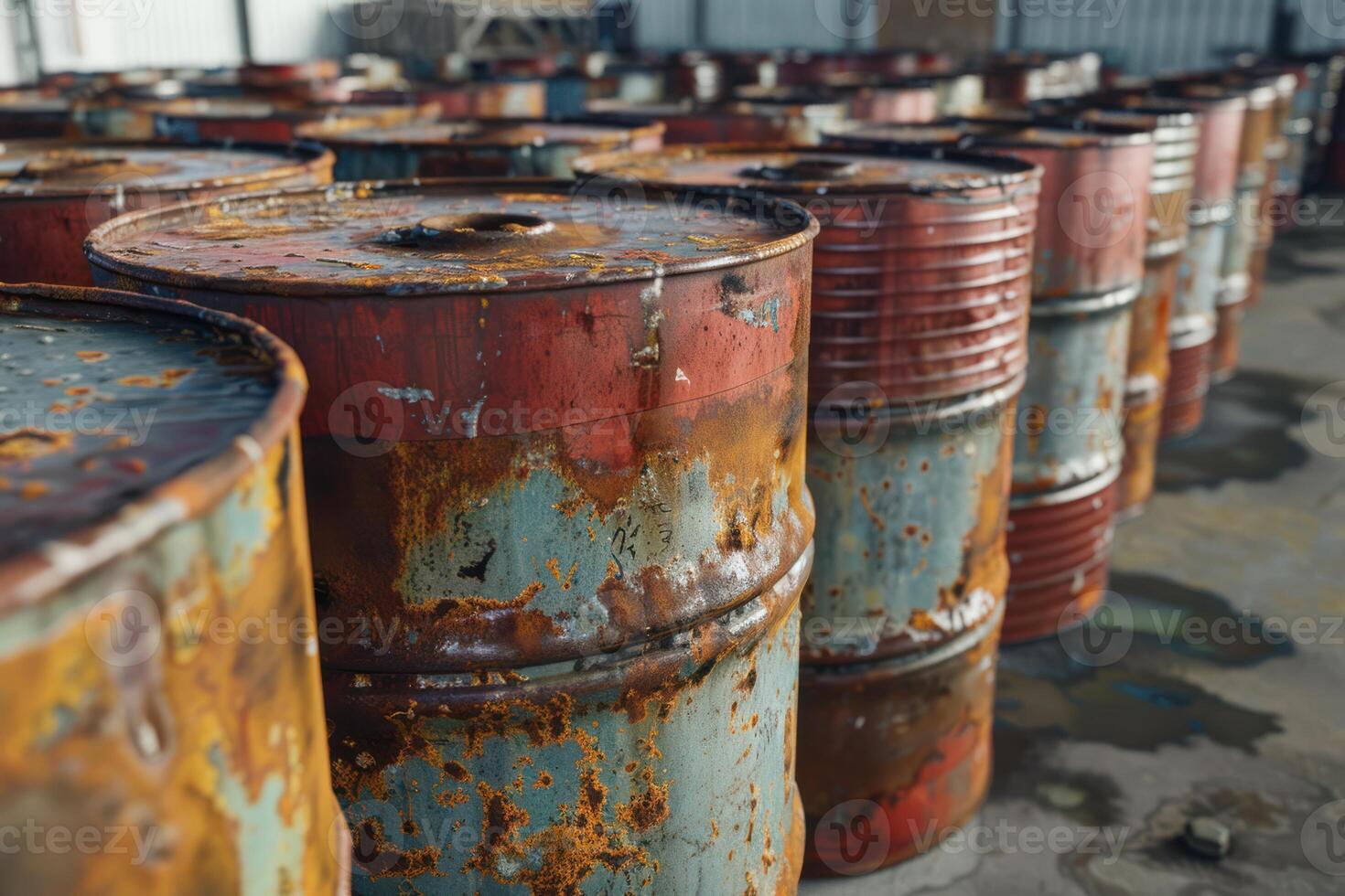 Industrial Steel Barrel Tanks and Oil Drums Stacked and Ready for Storage photo