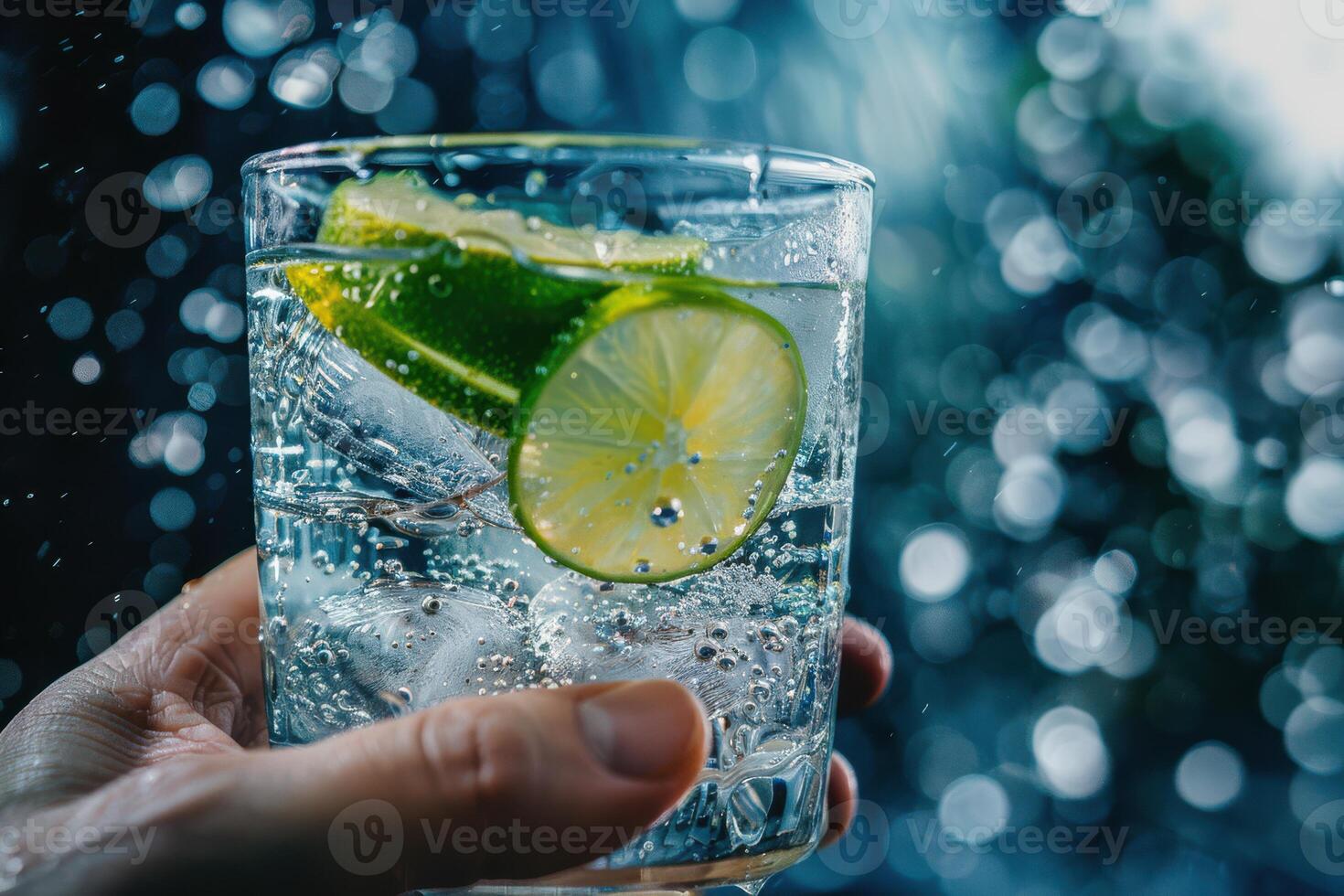 Hand Holding a Glass of Refreshing Cocktail with Lime and Ice, Perfect for a Summer Toast photo