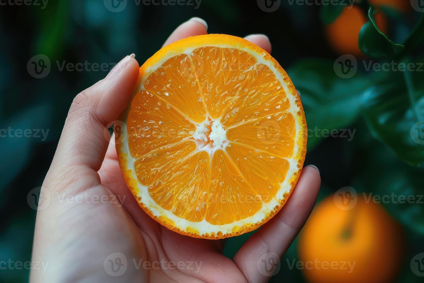 Juicy Slice of Orange Held in Hand Showing Fresh and Zesty Goodness photo