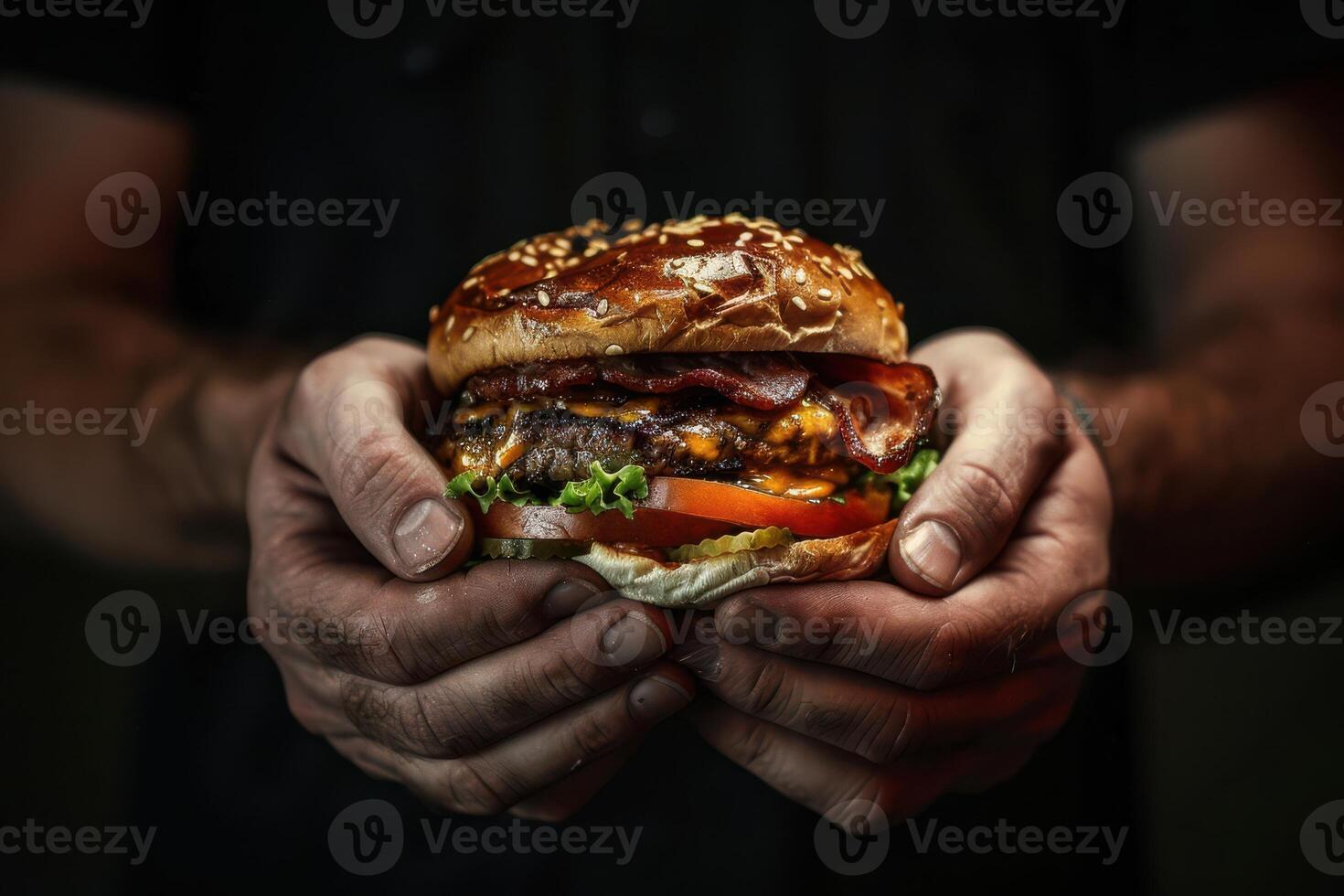 A man holding a burger with bacon and tomatoes photo