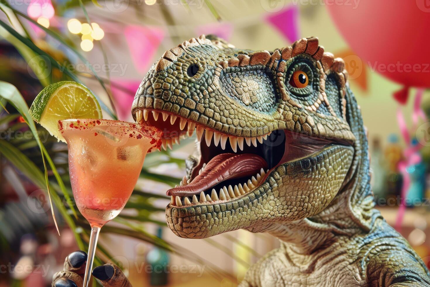 Joyful Dinosaur Sipping on a Refreshing Cocktail at a Festive Event, Perfect for an Amusing and Lively Scene photo