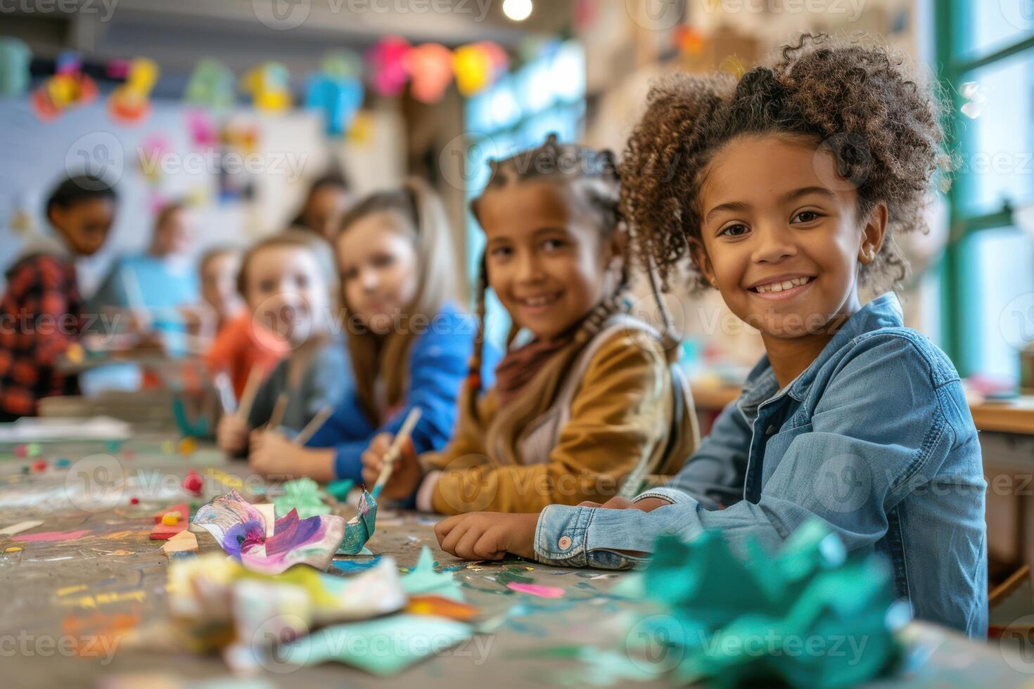 Children at table with paper crafts photo