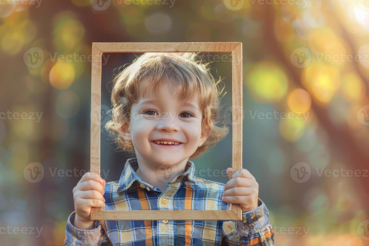 A young boy holding up a frame with his face in it photo