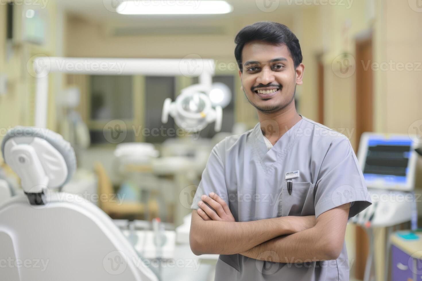sonriente indio dentista en uniforme a un hospital ajuste foto
