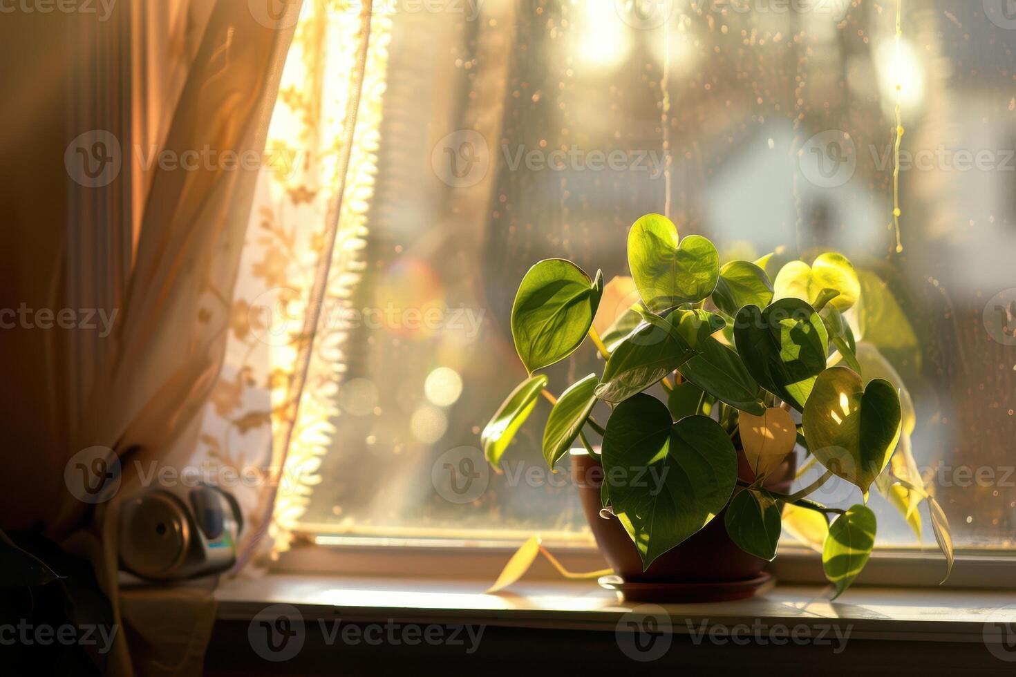 Cozy Indoor Setting with a Houseplant Bathed in Bright Sunlight by the Window for a Peaceful Atmosphere photo