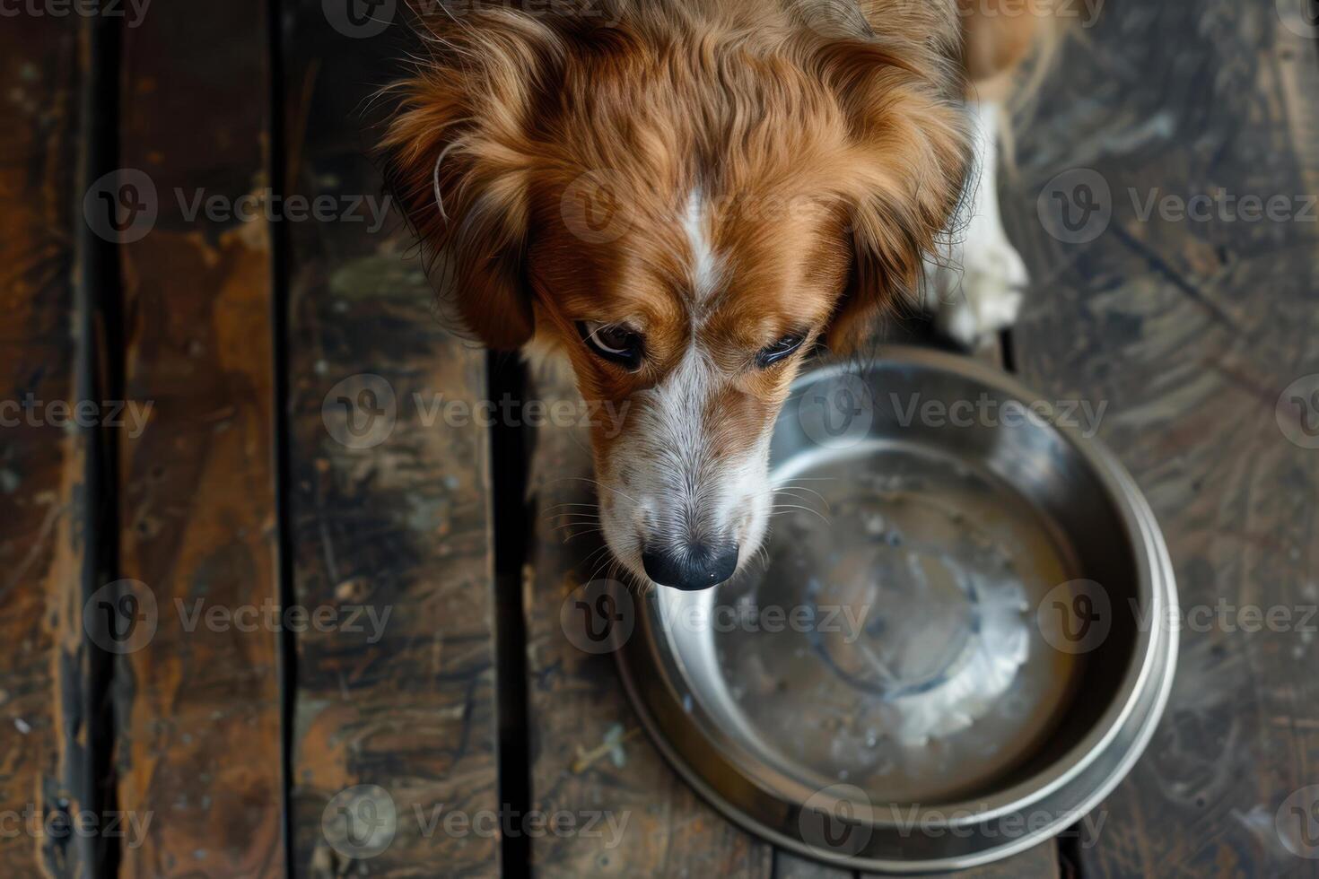Sad Expression on a Dog with an Empty Bowl, Signaling Its Need for a Meal photo