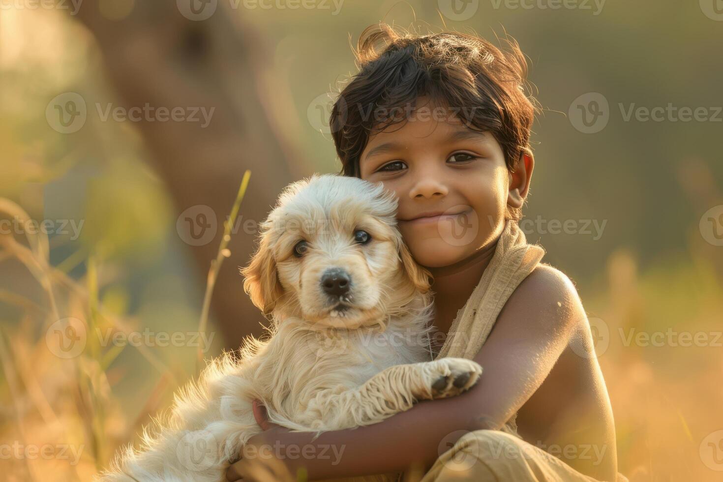 Indian Little Boy with His Adorable Pet Dog photo