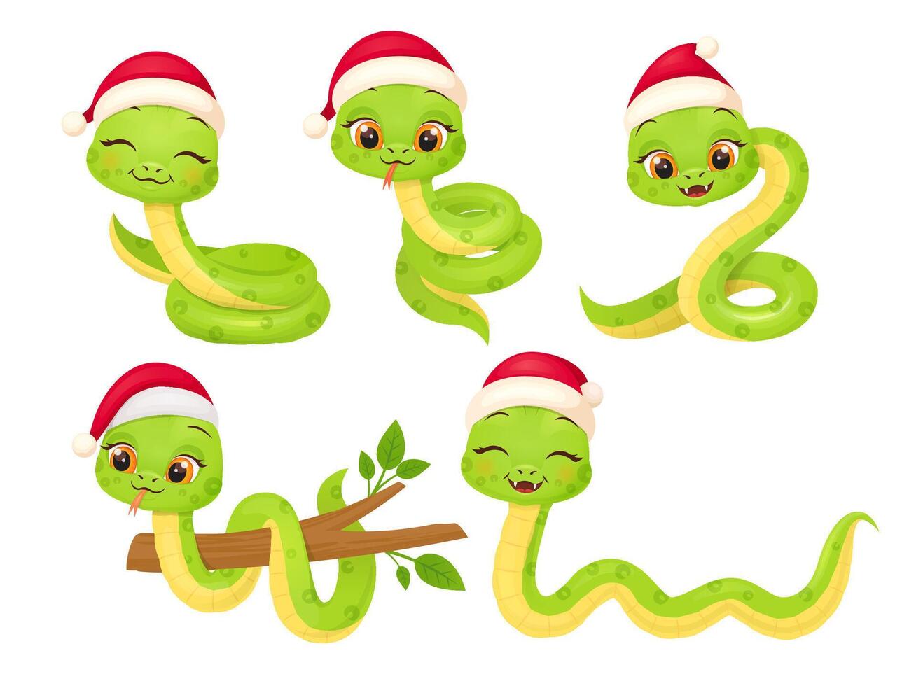 Cute snake characters with smiling faces. Merry christmas and Happy new year 2025 invitation card. vector