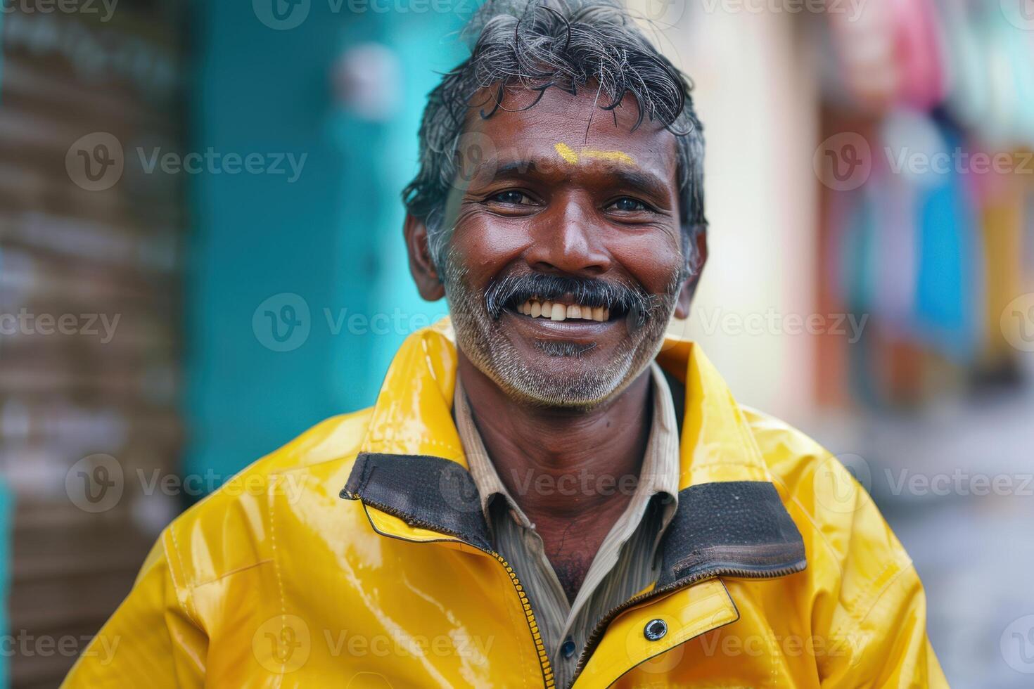 Indian Man Smiling Brightly in a Yellow Jacket photo