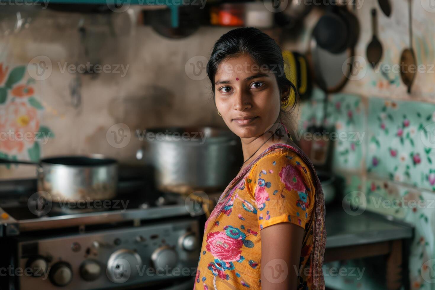 Indian Woman or Housewife Standing in the Kitchen Preparing a Meal photo