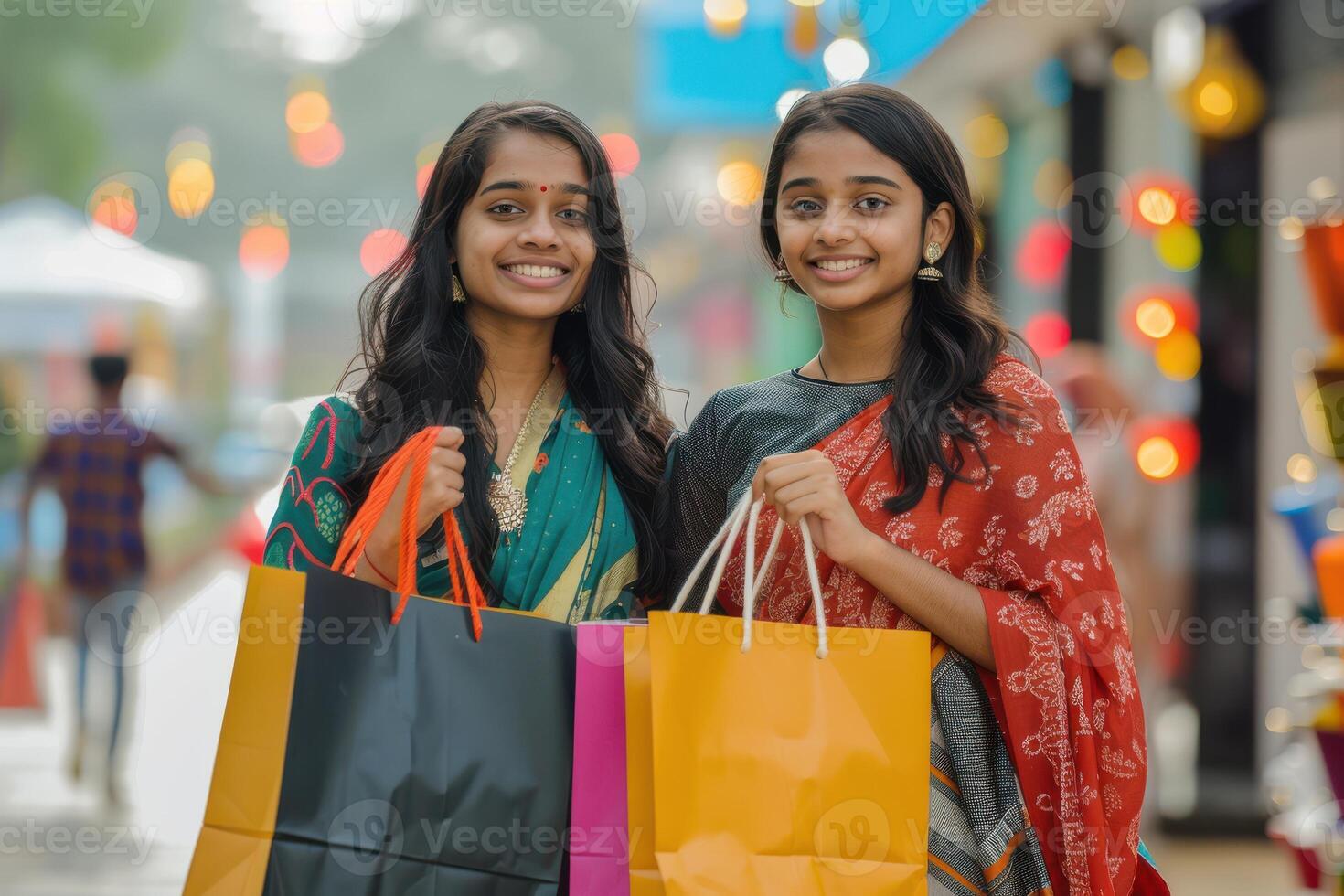 Indian Young Female Friends Enjoying Their Shopping Experience with Bags photo