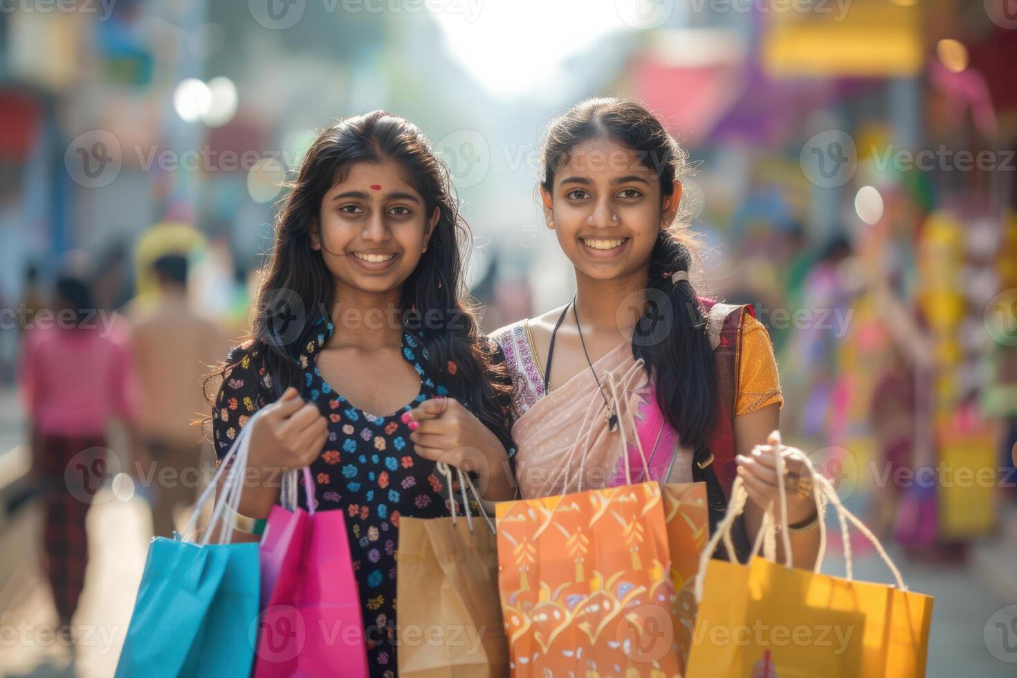 Indian Young Female Friends Enjoying Their Shopping Experience with Bags photo