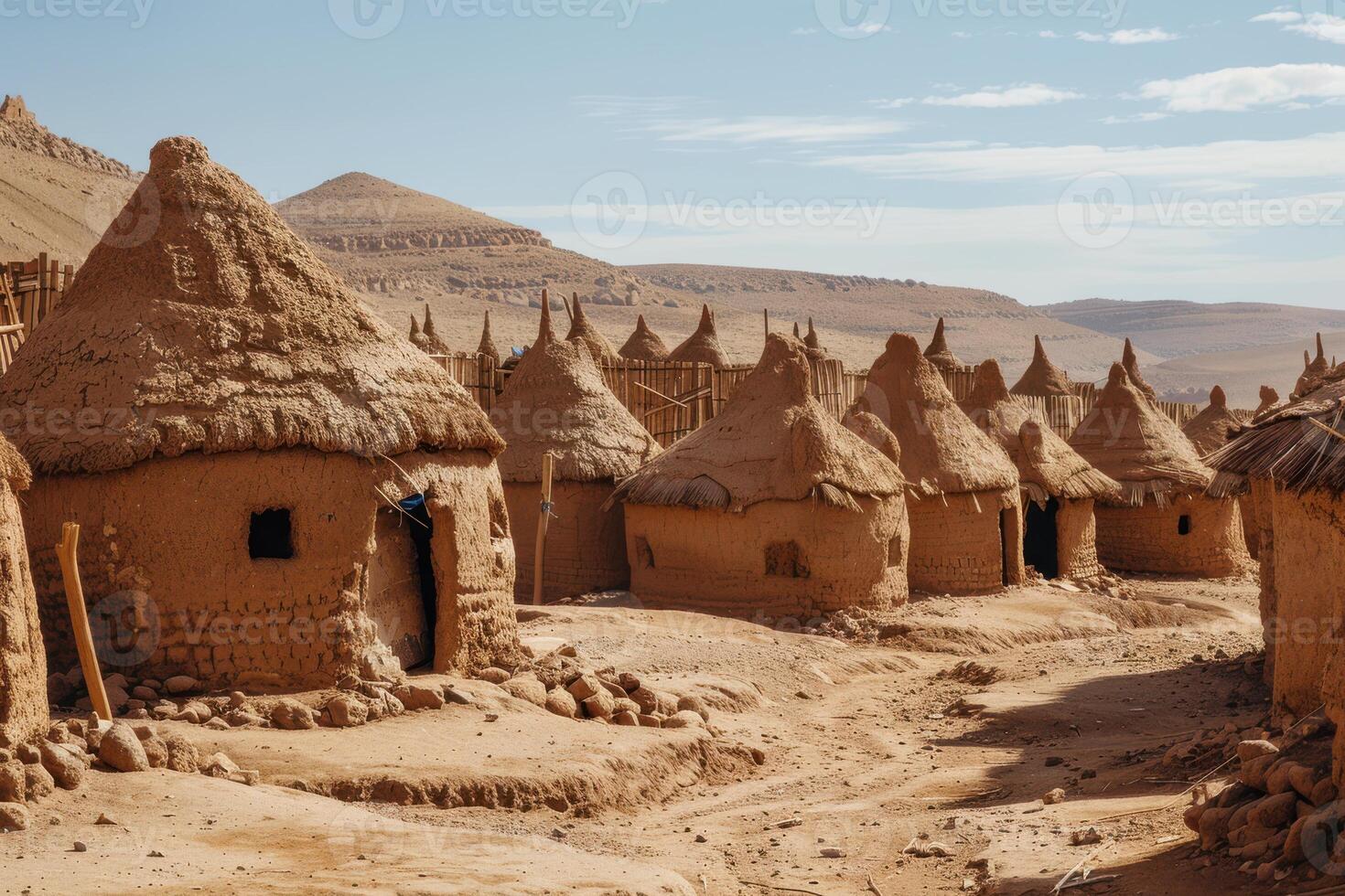 Traditional Mud Houses in the Desert, Showcasing Rustic Architecture and Sustainable Living in Arid Environments photo