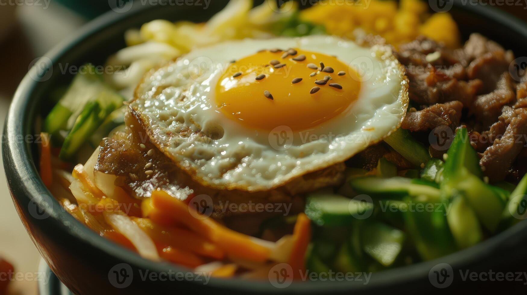 Korean Bibimbap Topped with Fried Egg, Meat, and Vegetables photo
