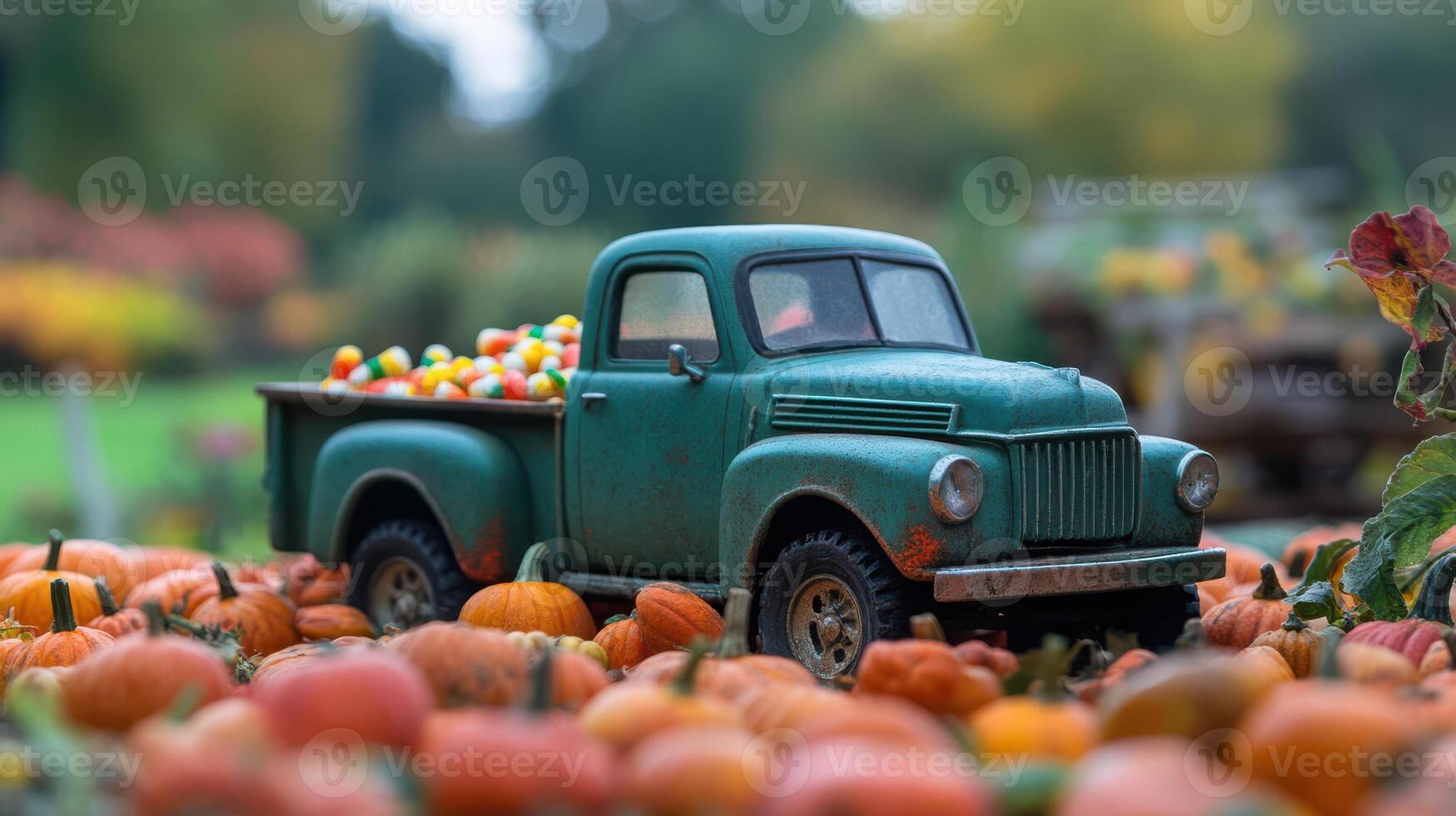 macro shot of a toy pickup truck on a farm with a casual setting. photo