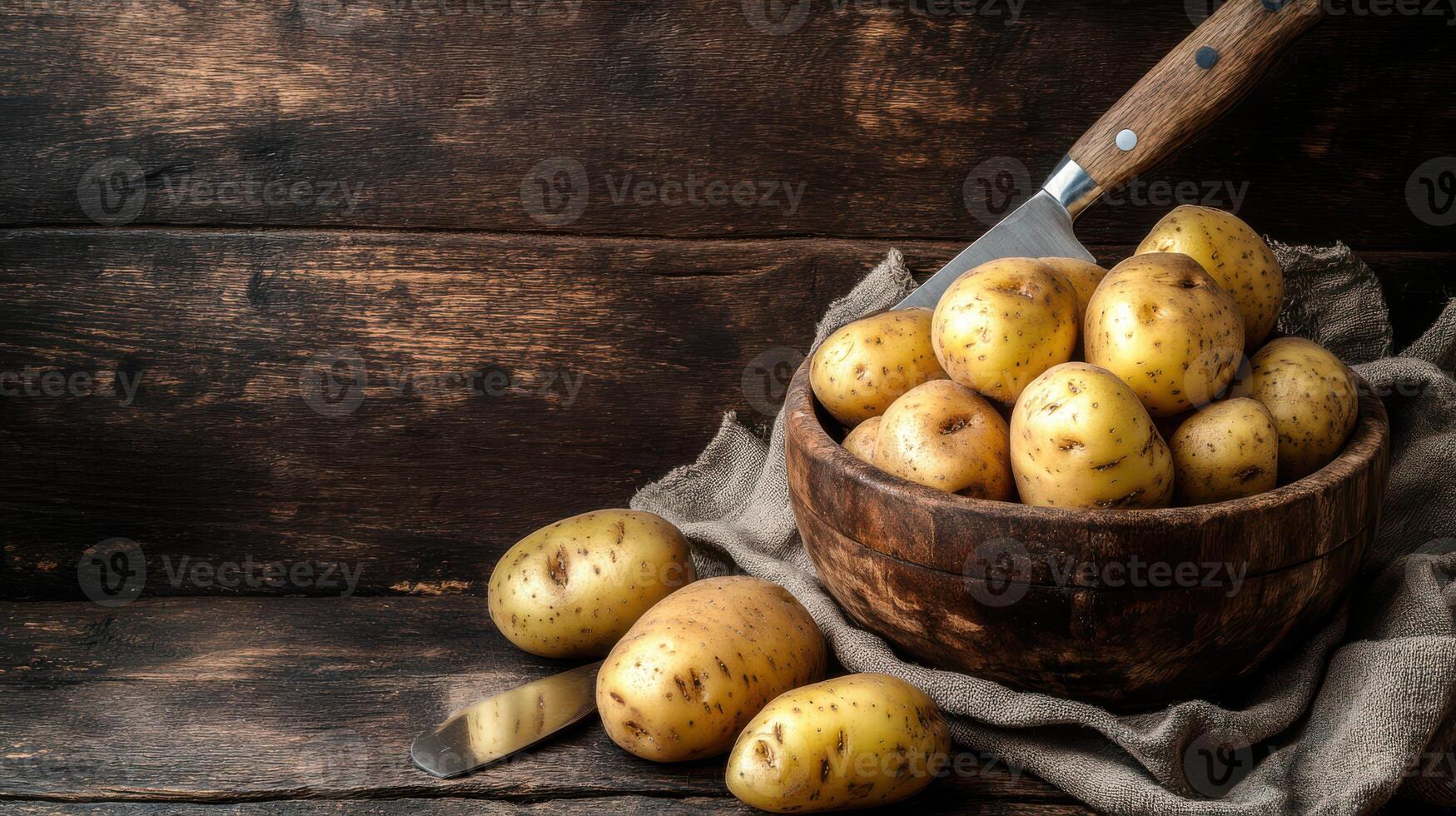 Nostalgic image capturing potatoes, a knife, a masher, and a pot in a vintage style. photo