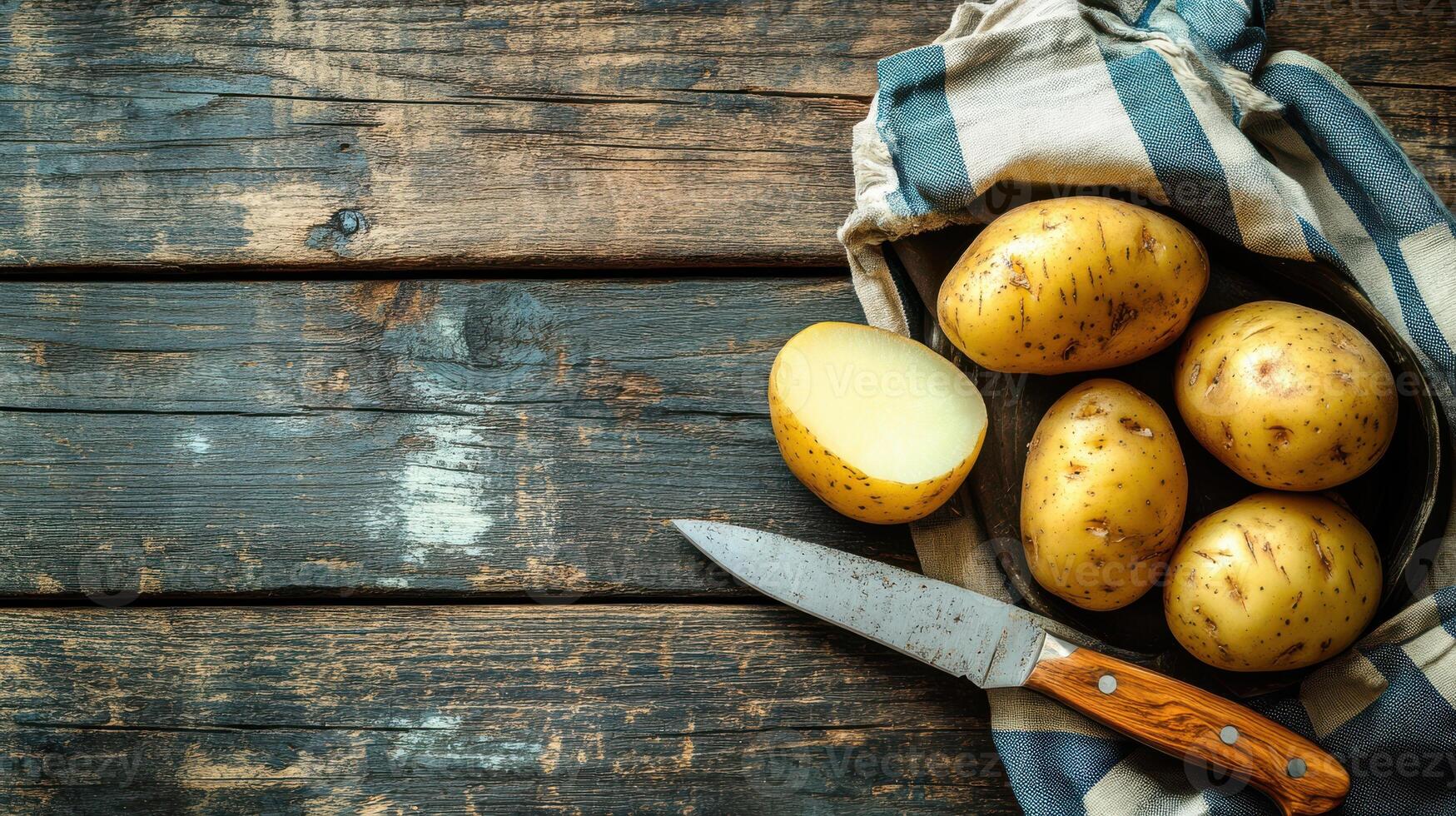 Nostalgic image capturing potatoes, a knife, a masher, and a pot in a vintage style. photo