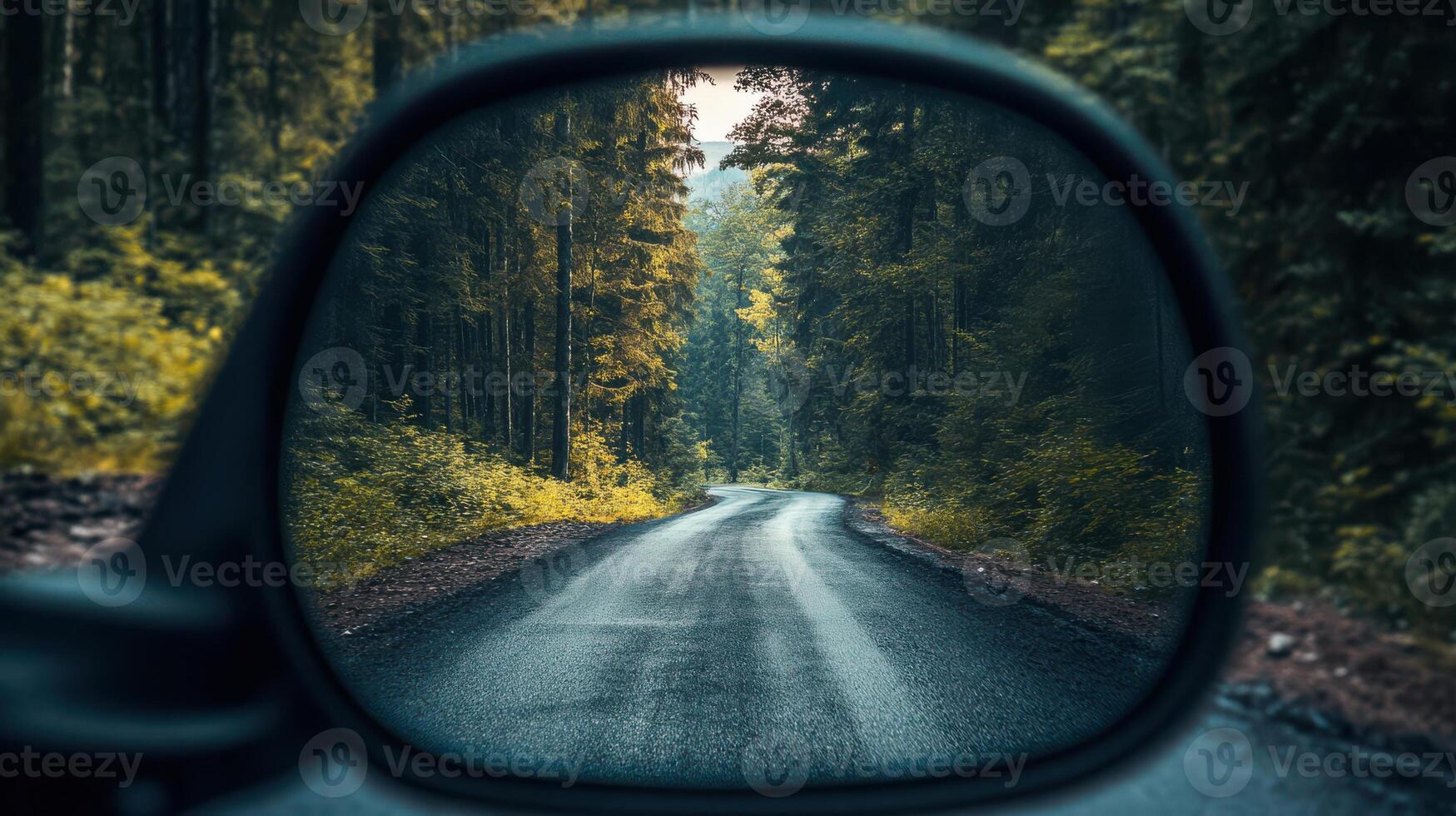 Reflection of the road scene in a mirror, showing the landscape. photo
