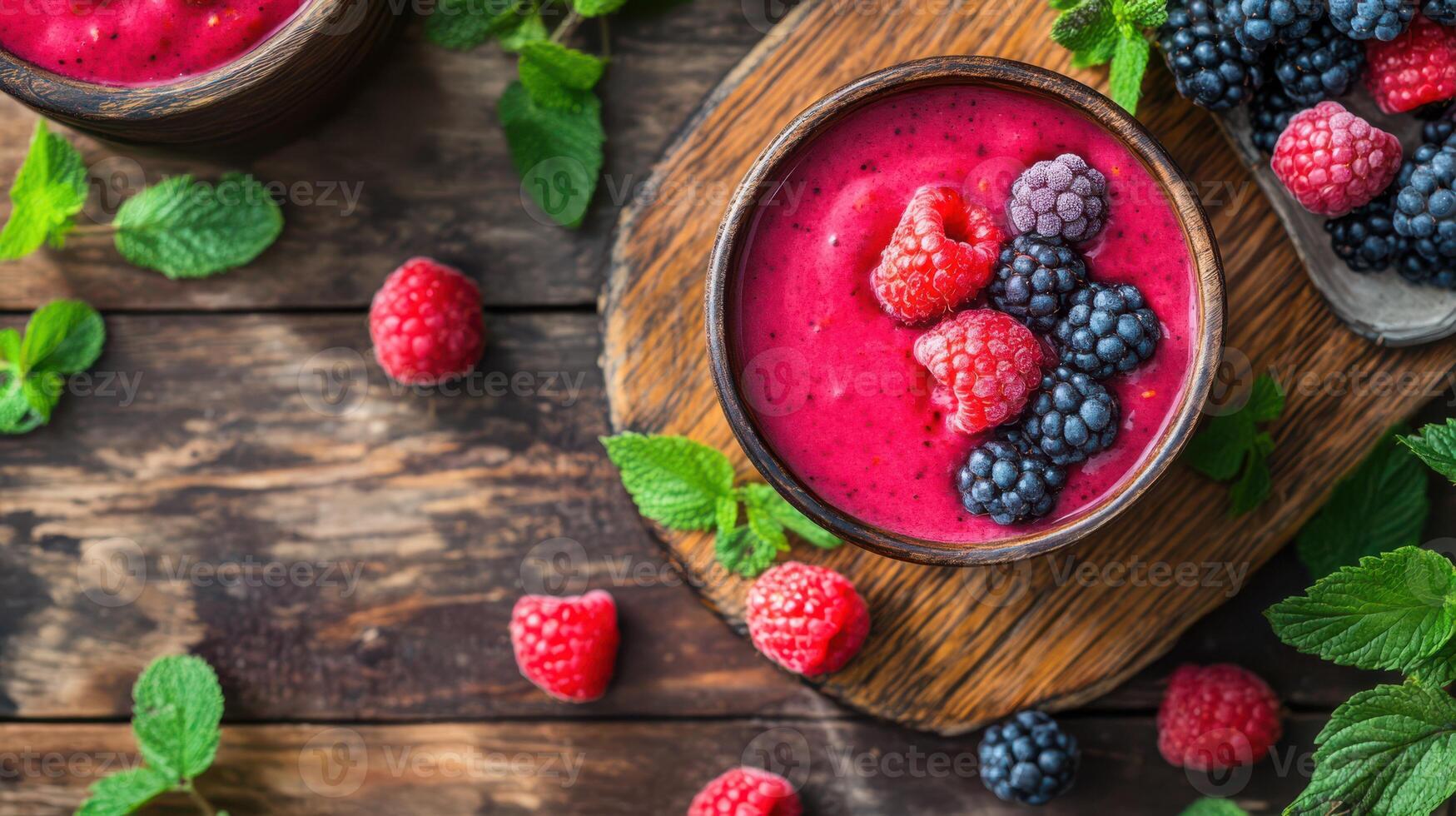 Selective focus on a wooden table featuring a single raspberry. photo