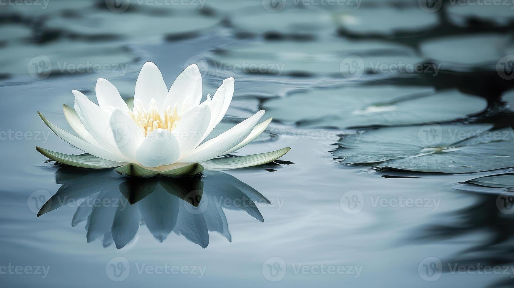 A serene white lotus flower gracefully floating on calm water. photo
