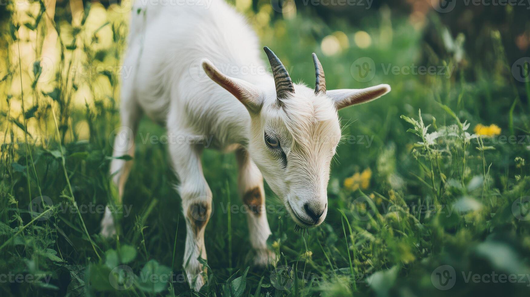 A small goat feeding in a green, lush field. photo