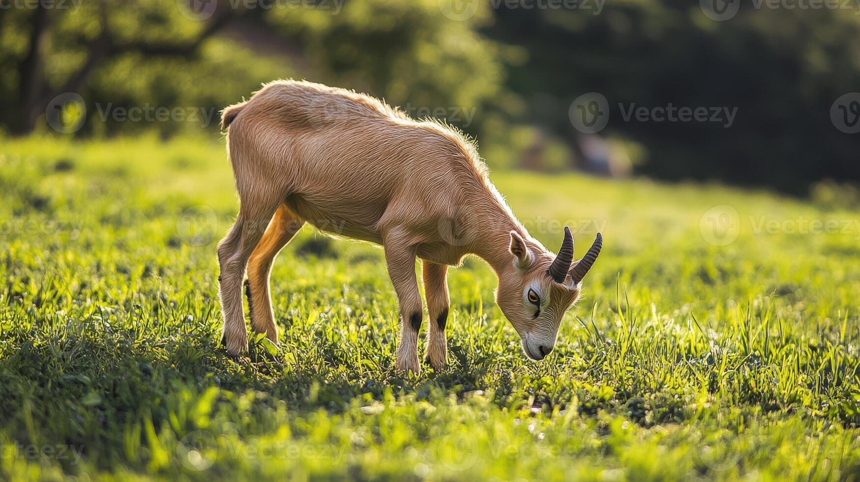 Tiny goat grazing amid a verdant pasture. photo