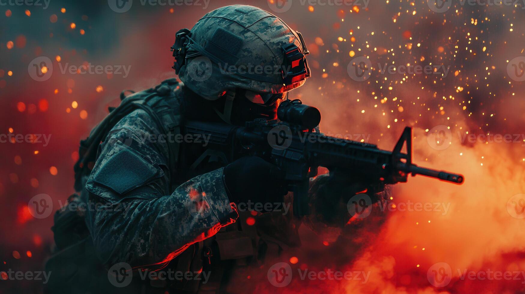 A soldier actively engaged in action during a mission. photo