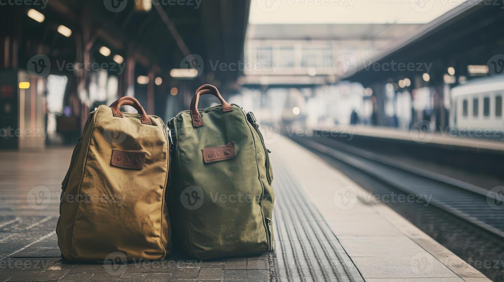 Two Large Travel Bags on a Platform Beside the Railway photo