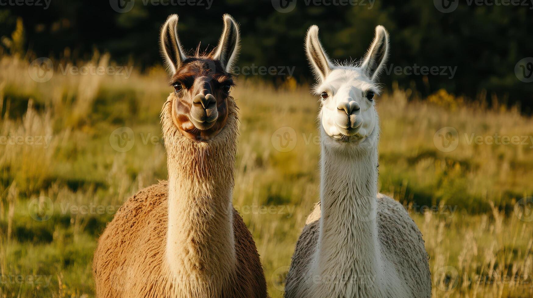 A tan llama and a white llama stand next to each other. photo