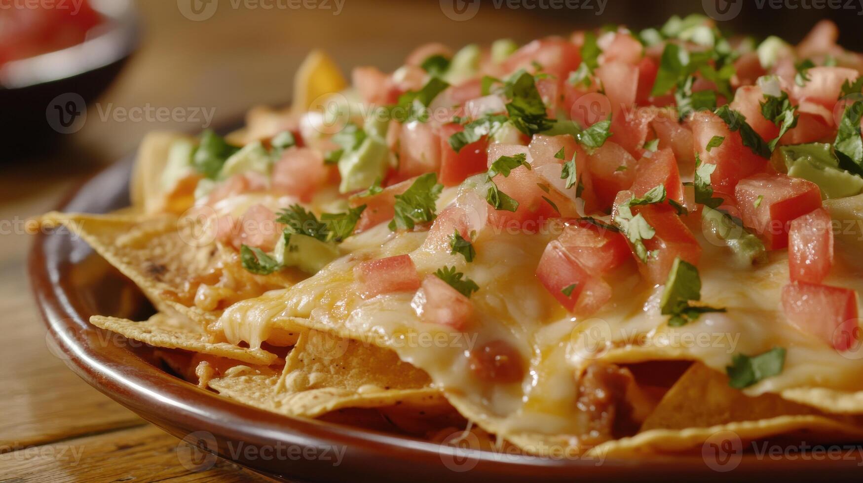 A plate of nachos with cheese, tomatoes and cilantro photo