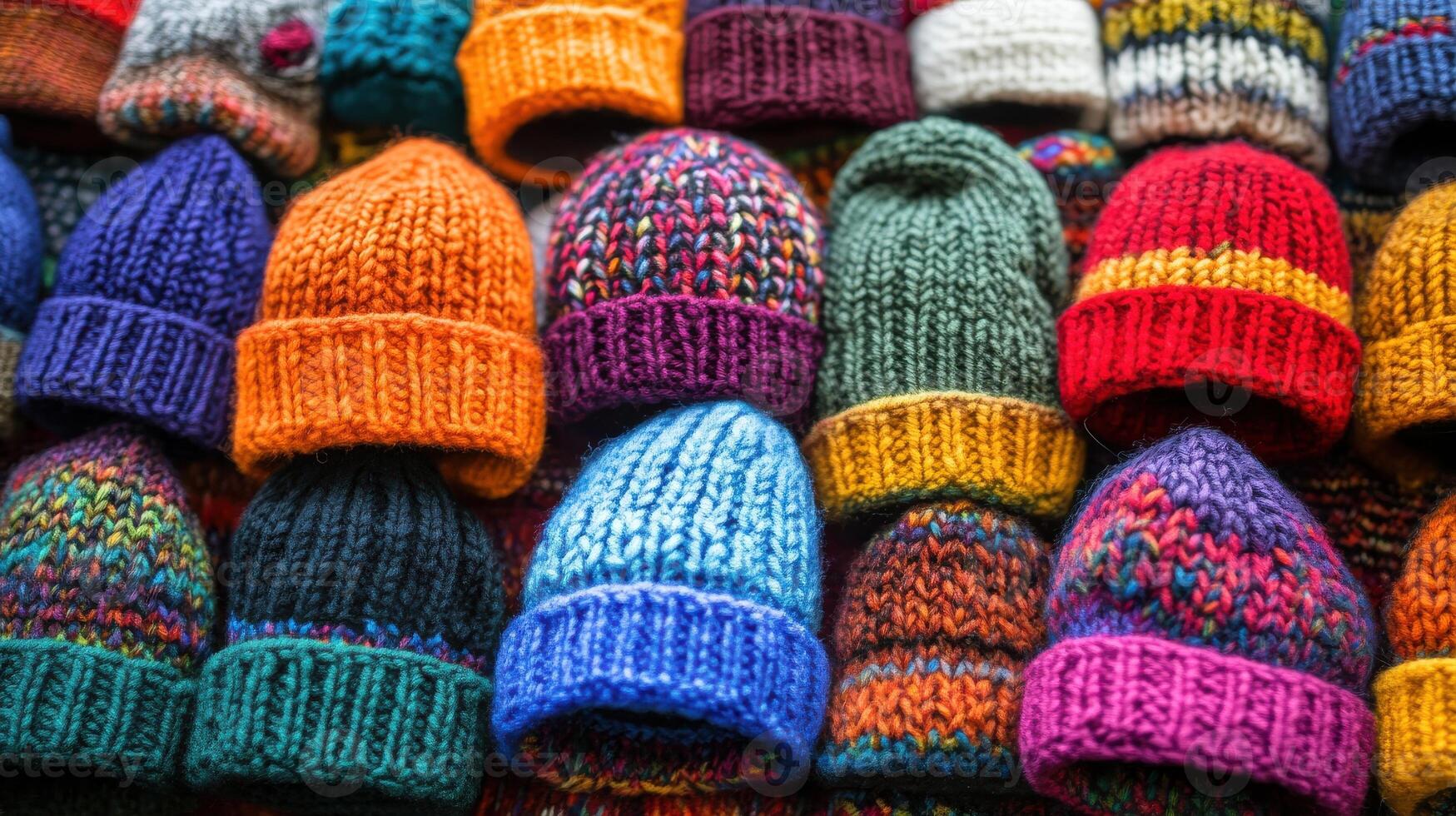 A variety of colorful and unique hand knitted bean bags on display. photo