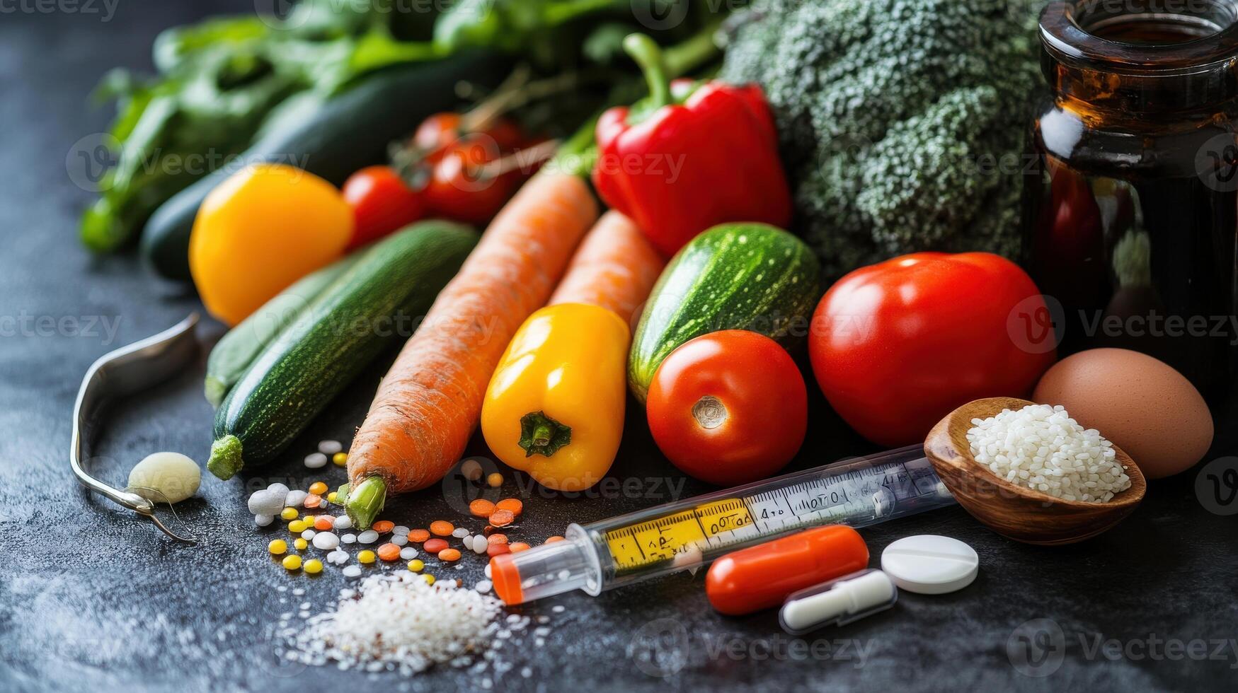 Assorted fresh vegetables paired with a medical device for diabetes monitoring. photo