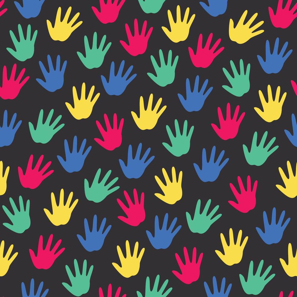 seamless pattern of colorful handprints on black background vector