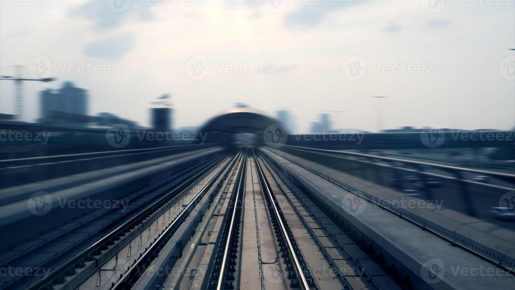 Moving Fast on Railroad Track with High Speed Train Railway Rushing Through the City Streets photo
