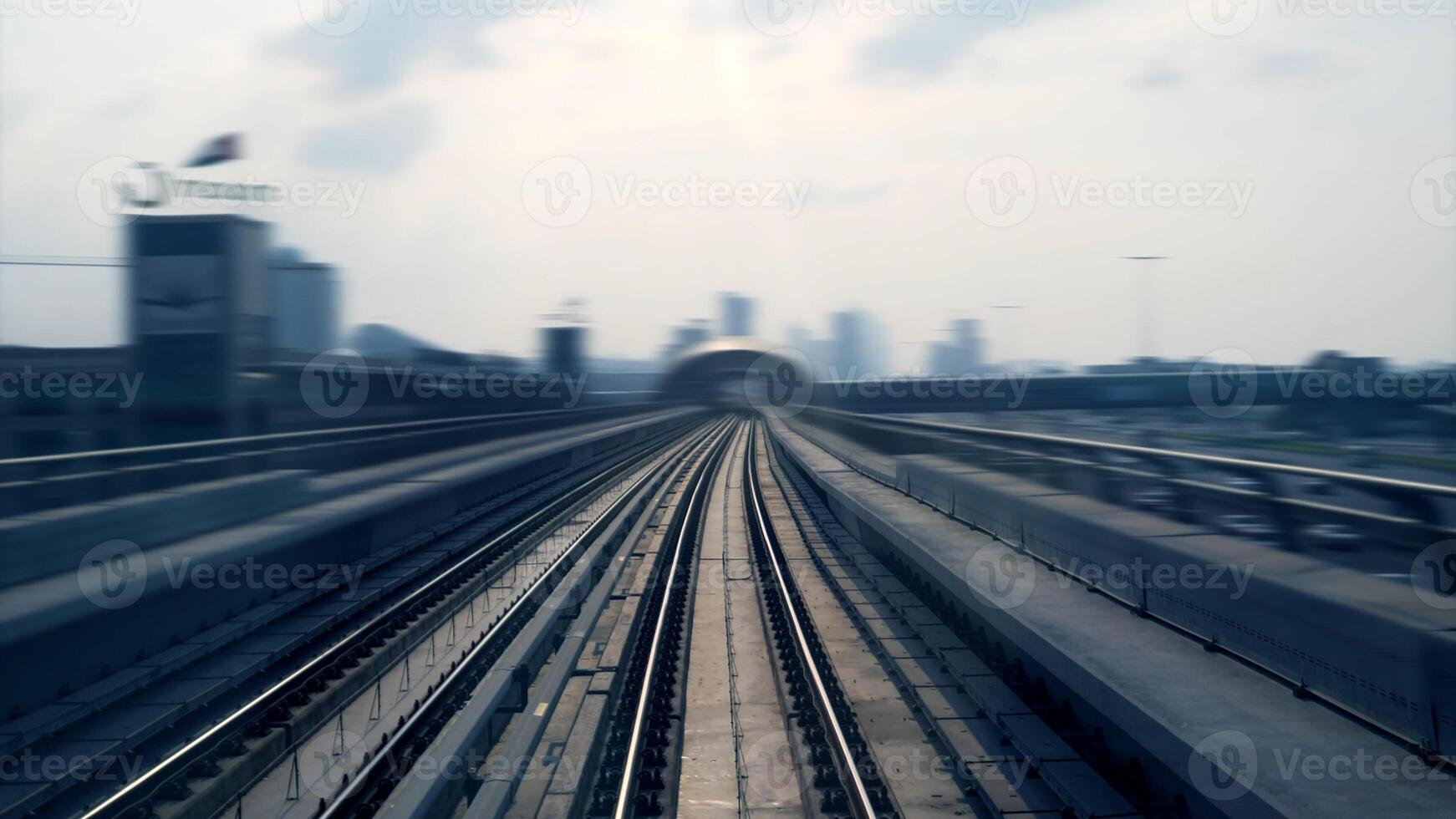 Moving Fast on Railroad Track with High Speed Train Railway Rushing Through the City Streets photo