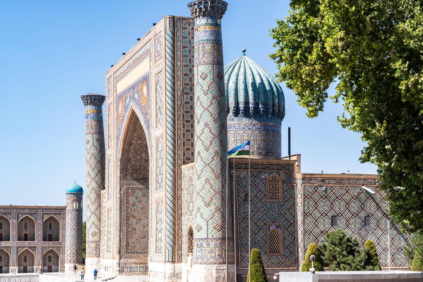 Samarkand, Uzbekistan-august 12, 2023-Particular of the Registan square during a sunny day photo