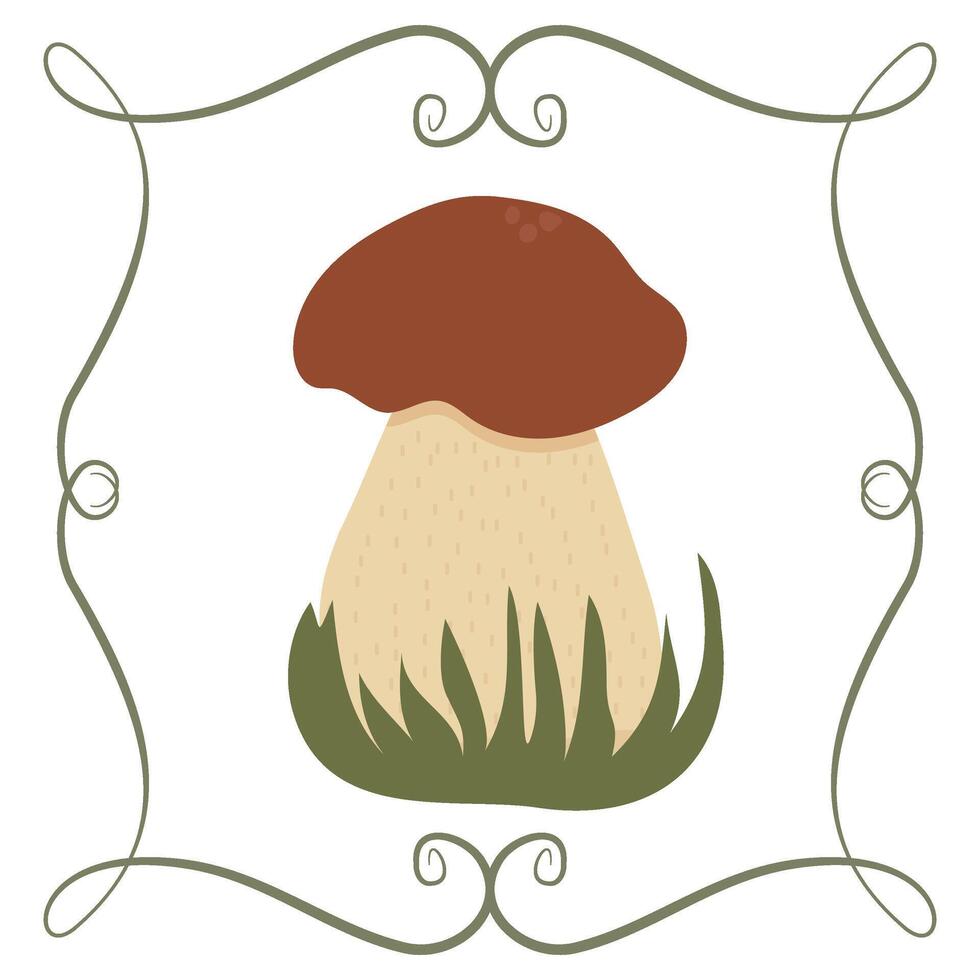Boletus mushroom in a frame of twisted linear green elements vector