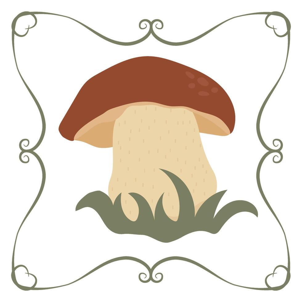 White mushroom boletus in a frame of twisted linear green elements vector