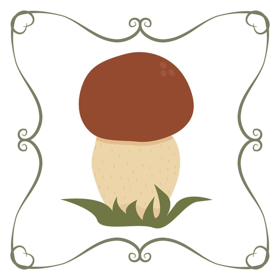 white boletus mushroom in a frame of twisted linear elements vector