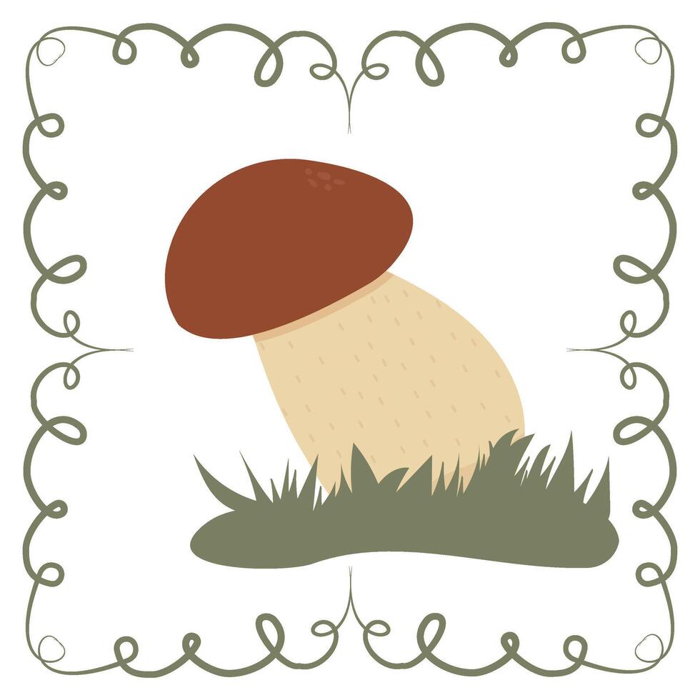 white boletus mushroom in a frame of twisted linear green elements vector