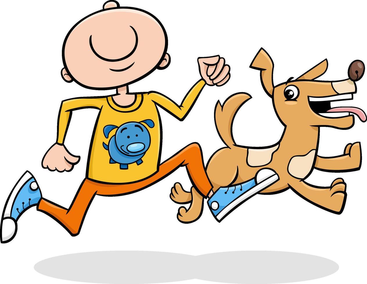 cartoon boy running with happy puppy cartoon vector