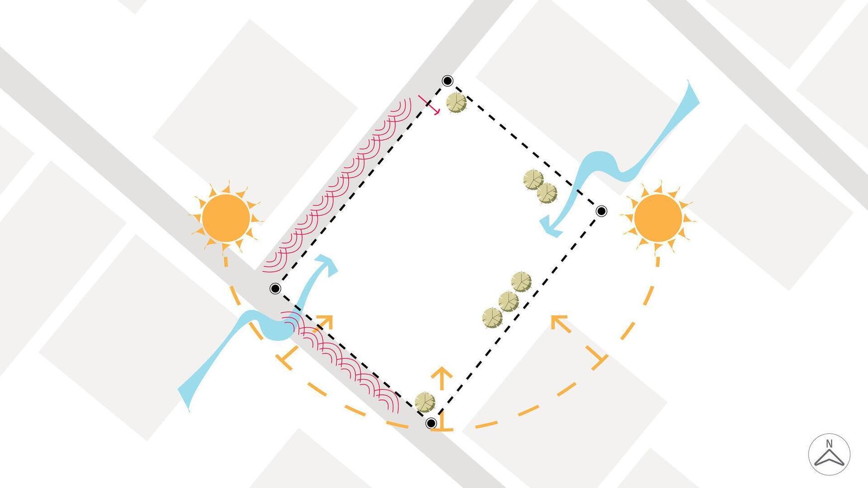 architecture site analysis symbol icon element drawing graphic flat isolated . architecture element line sun wind sound sun path vegetation. vector