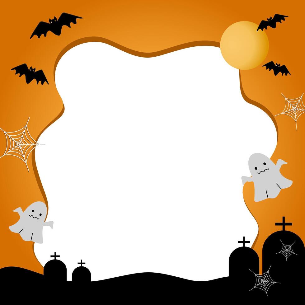 halloween frame illustration with moon, ghost, bats, and graveyard elements for card, banner, invitations vector