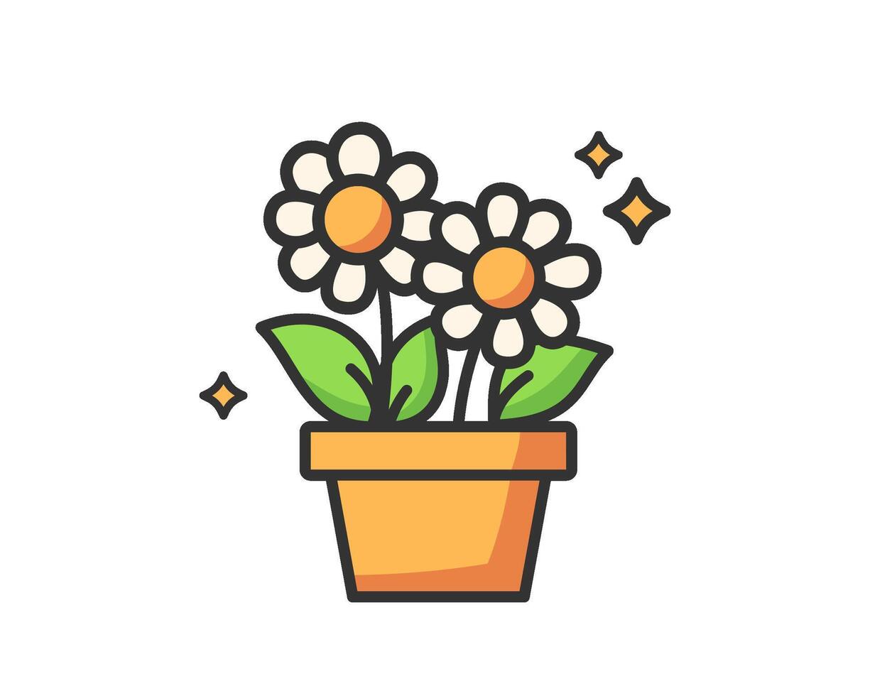 Bright daisies in a pot. Summer or spring season, magic, sparkles, freshness, nature symbol. vector