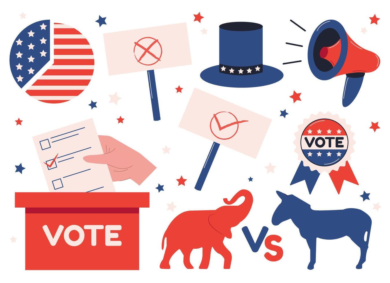 Election campaign set of elements. Election 2024, democracy vote, political campaign. Flat illustrations isolated on white background vector
